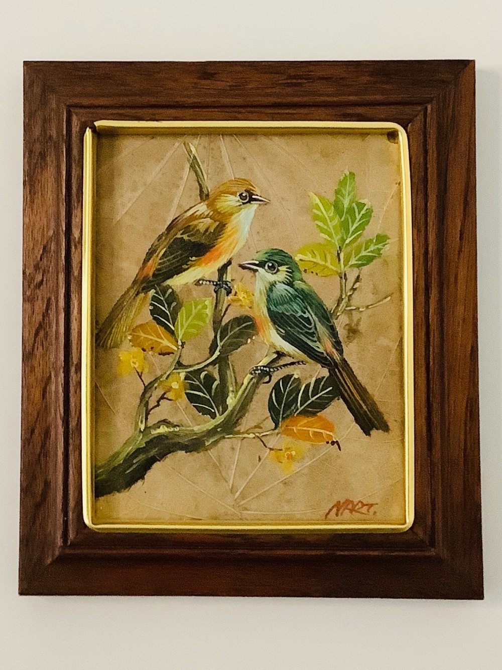Vintage Original Nart Oil Painting, Birds Painted on Tobacco Leaf Framed Rare